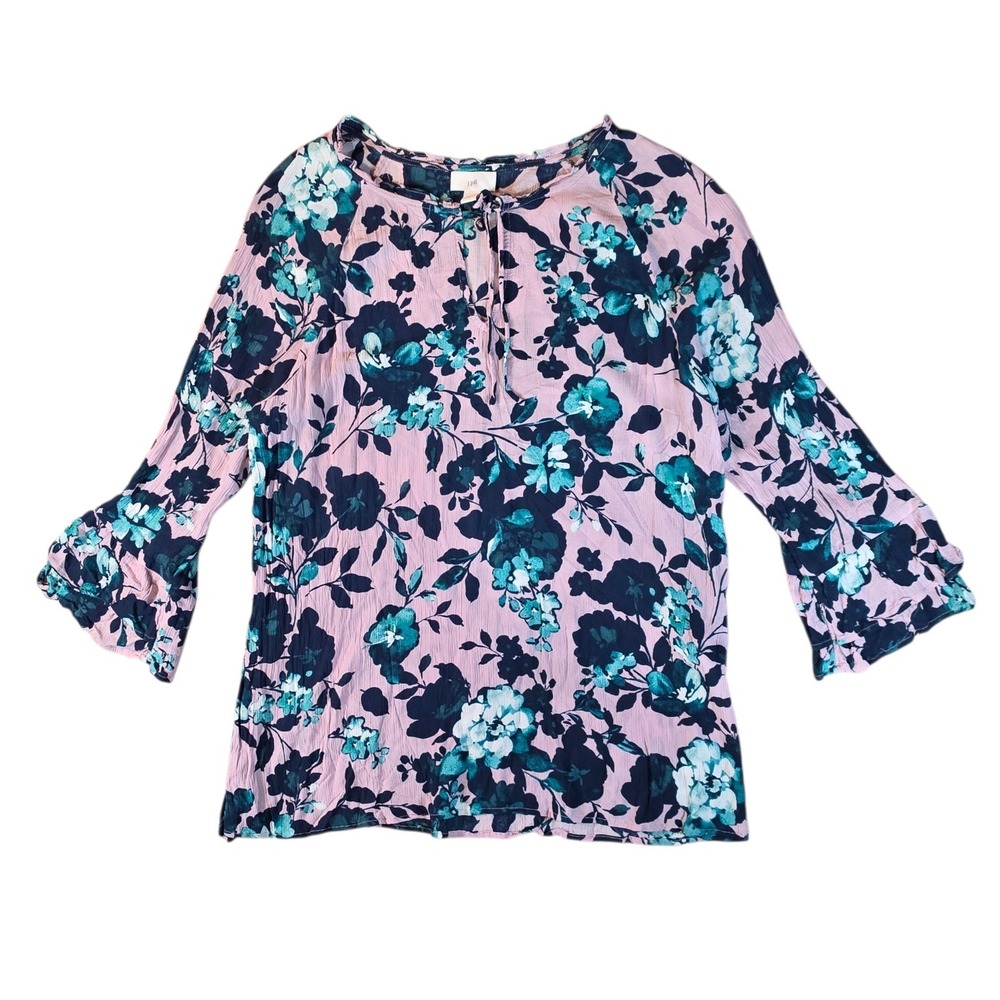 J. Jill Womens Medium Floral Ruffle Bell Sleeve Rayon Blouse Pink Teal Boho Top